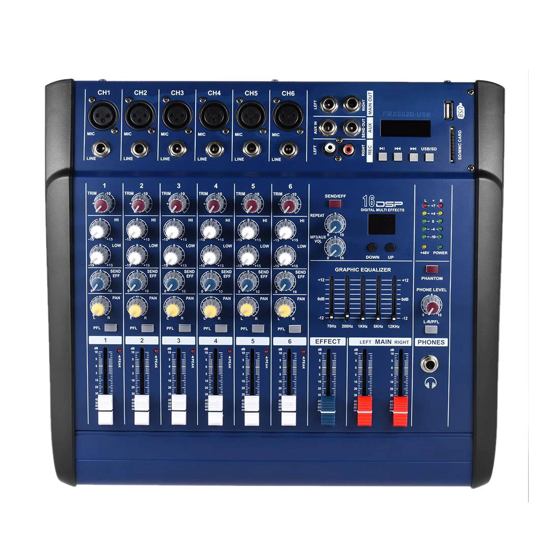 (2067) Consola amplificada 6 canales profesional reikpro audio pmx602d-usb