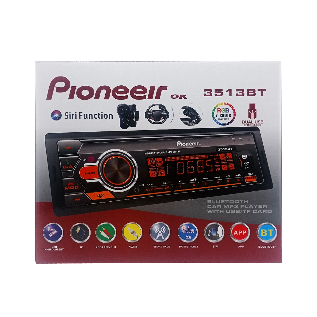 (2185) Reproductor de carro doble puerto usb/fm/sd/bt/aux 7 color rgb 50wx4 3513bt pioneeir